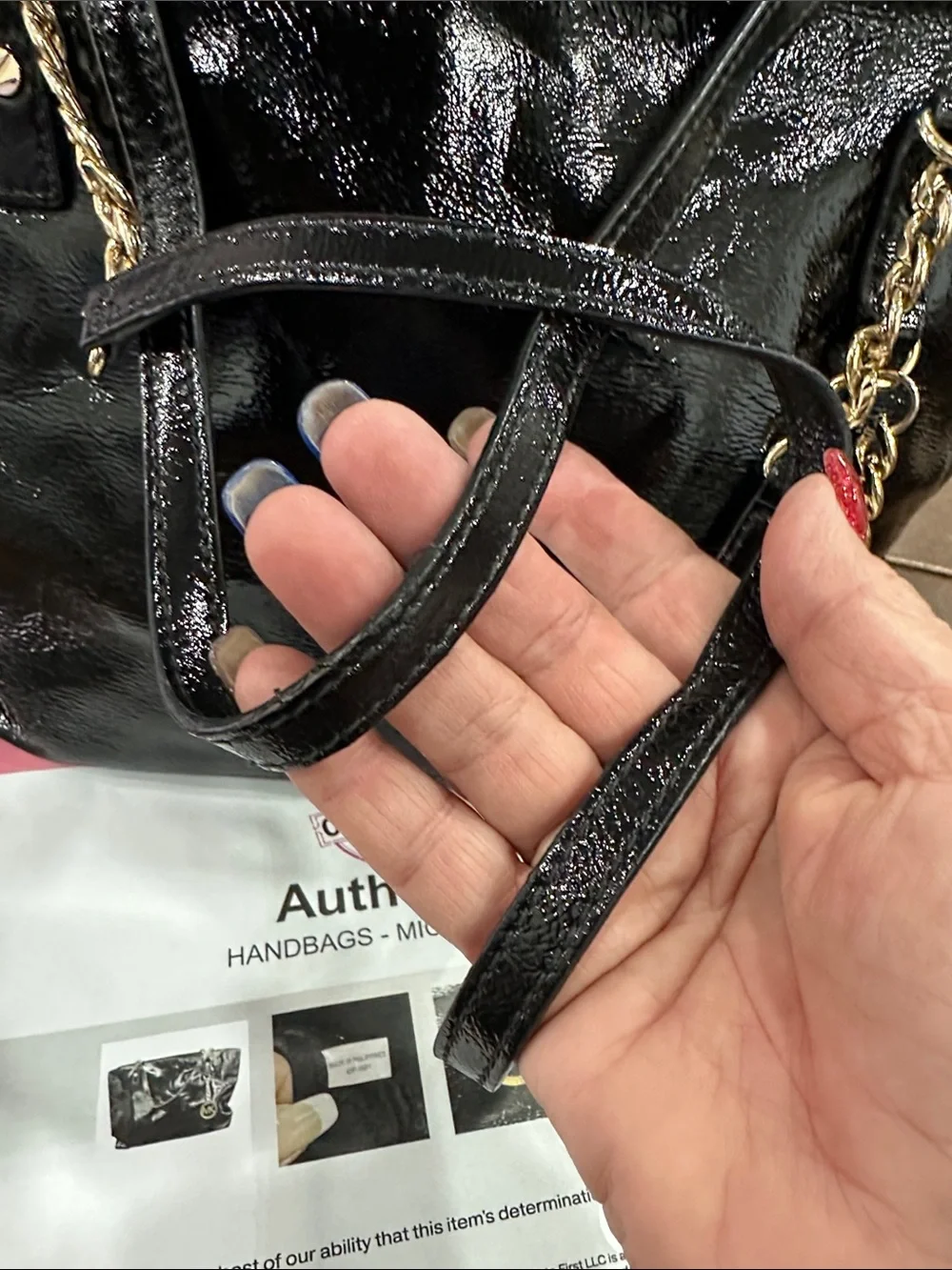 Michael Kors Black Patent Tote with Gold Chain Charm